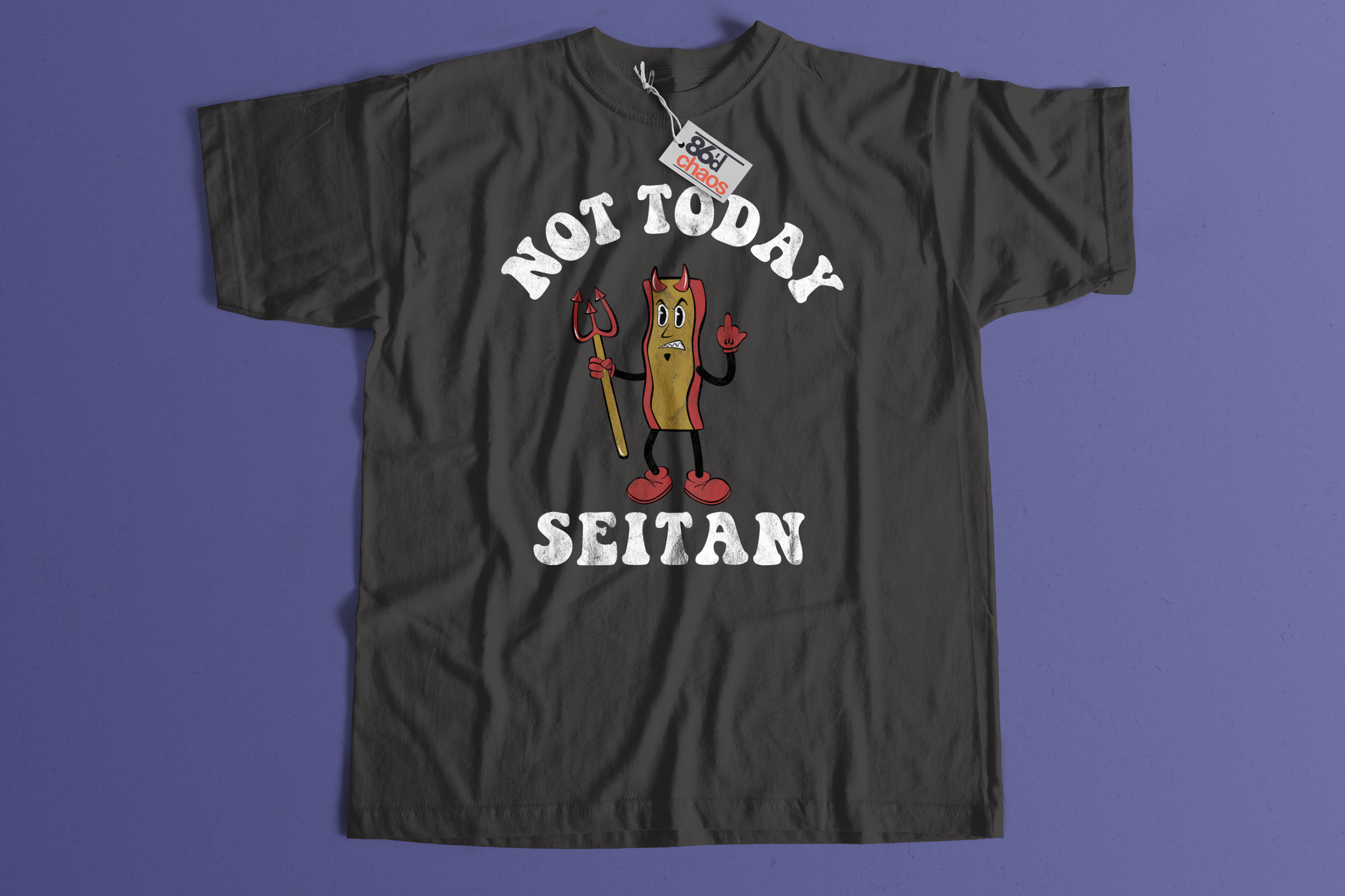 dark grey t-shirt with funny mascot image of the devil made of seitan 